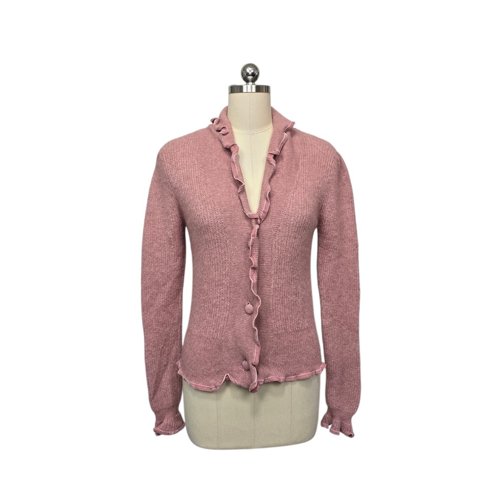Zara Pink Alpaca Wool Blend Ruffle Trim Knit Cardigan Sweater‎ Womens Size Large